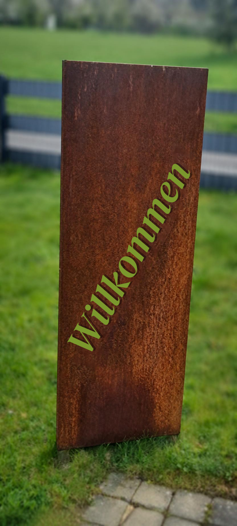 Sichtschutz Cortenstahl Stele Schilf Version Willkommen